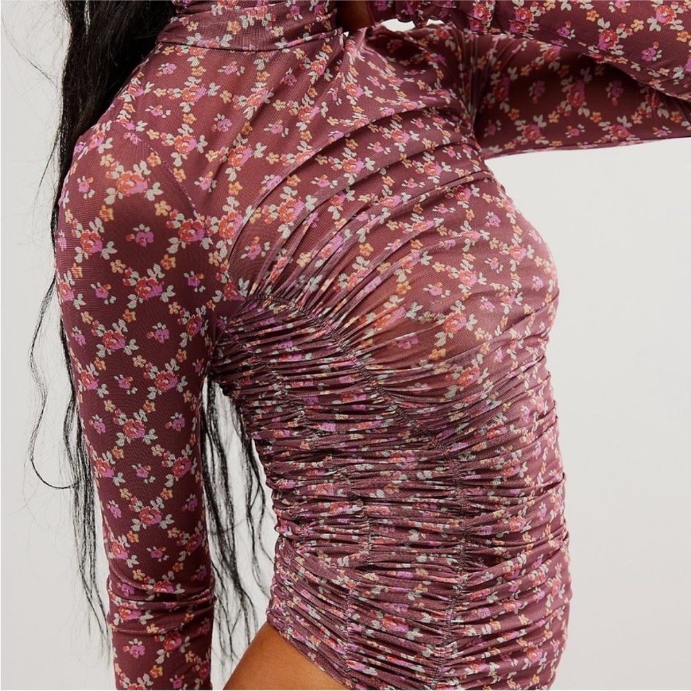 Free People Floral Ruched Long Sleeve bodysuit